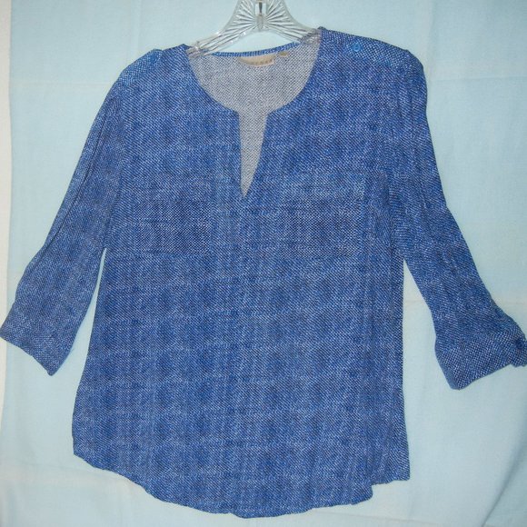 Kenar Wmn Large split front Crew Neck 3/4 length sleeve blouse top Pockets Blue - Picture 1 of 13